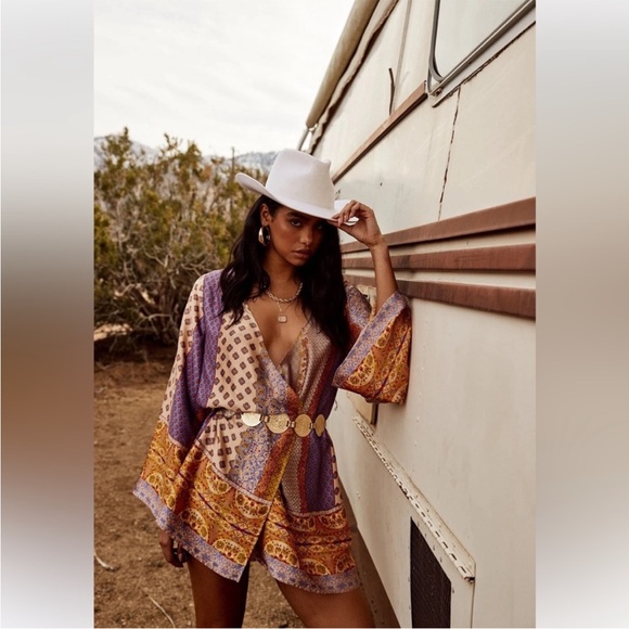 12th Tribe Multi-Color Paisley Mini Dress - Beige, Orange, Purple - Picture 9 of 13